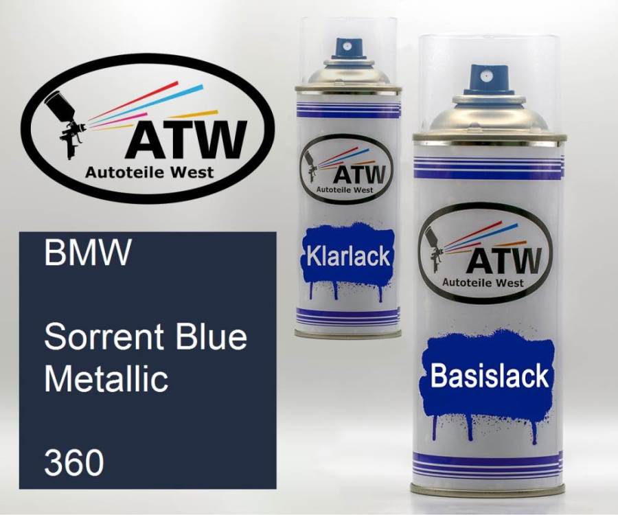 BMW, Sorrent Blue Metallic, 360: 400ml Sprühdose + 400ml Klarlack - Set, von ATW Autoteile West.